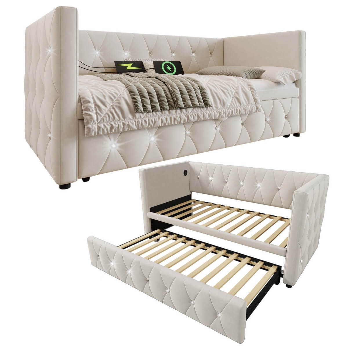 3ft Velvet Daybed with Trundle - Upholstered Sofa Bed with USB & Type-C Charging Ports, Beige