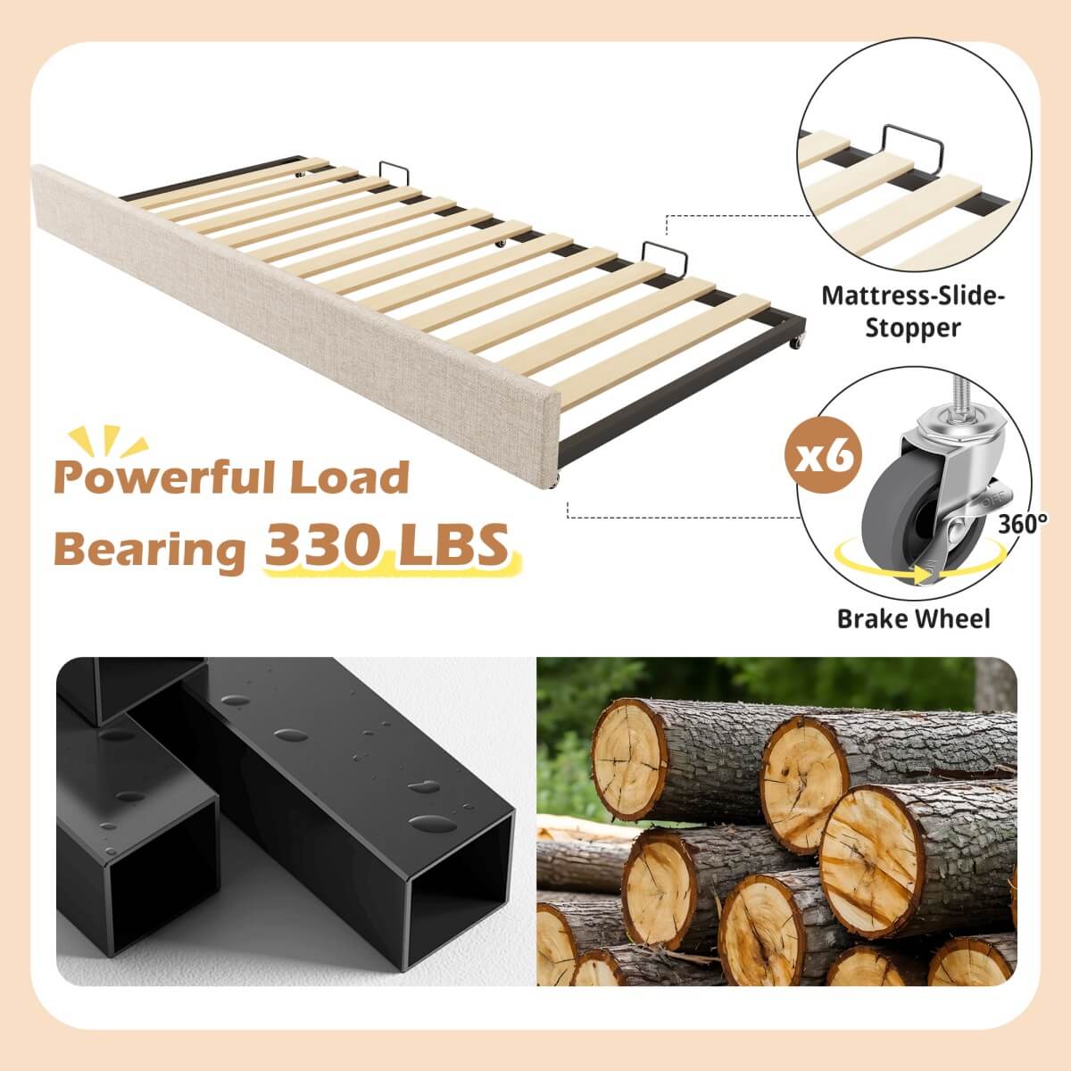 3ft Single Upholstered Daybed with Pull-Out Trundle - Linen Beige Bed