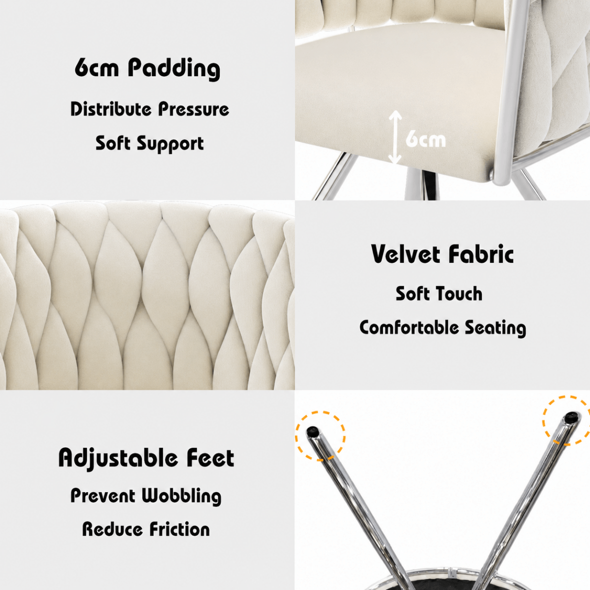 Set of 4 Velvet Swivel Dining Chairs - Upholstered Dining Chairs with 4 Metal Legs for Kitchen & Dining Room, Beige & Silver
