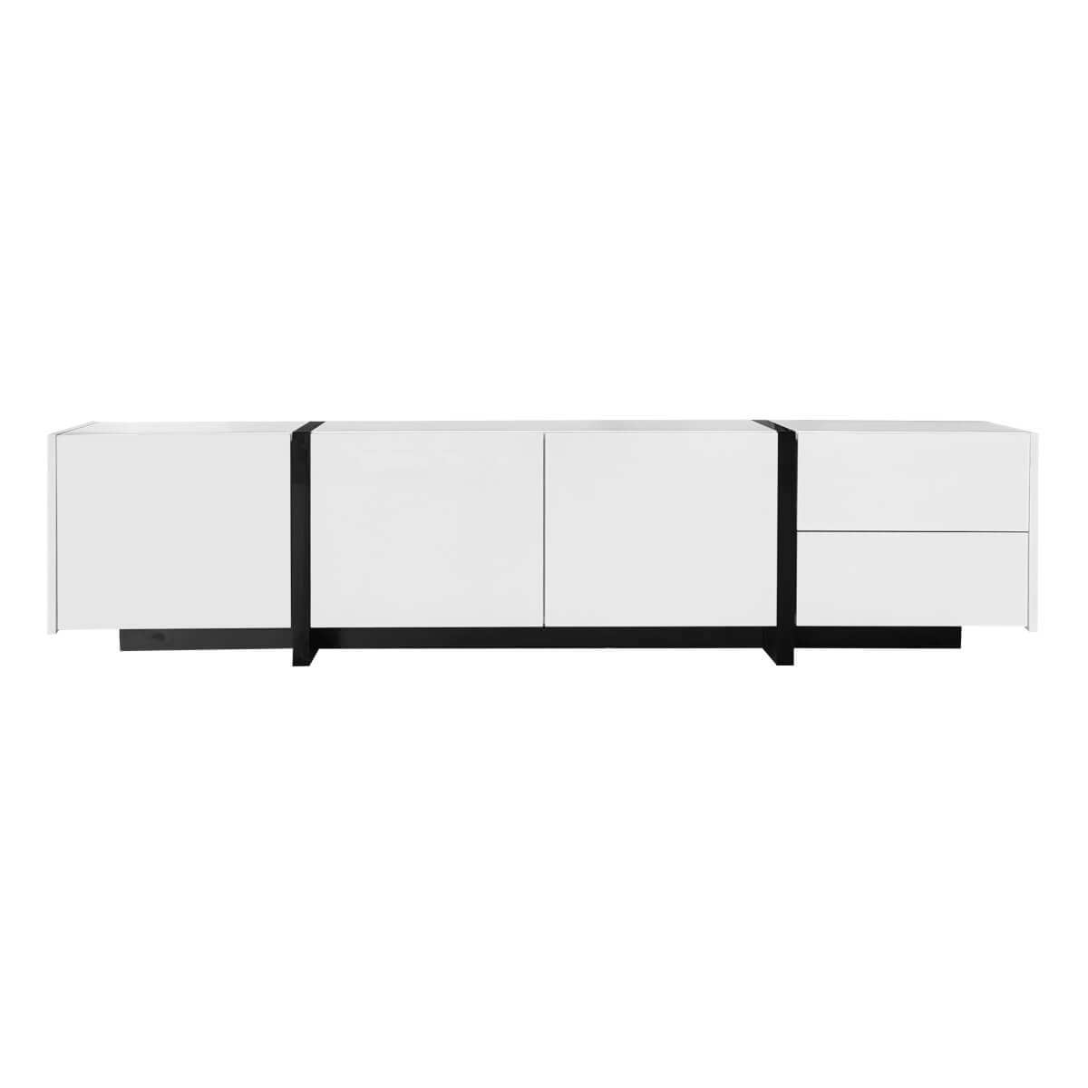 White High-Gloss TV Cabinet - Black Legs with Storage Doors & Drawers