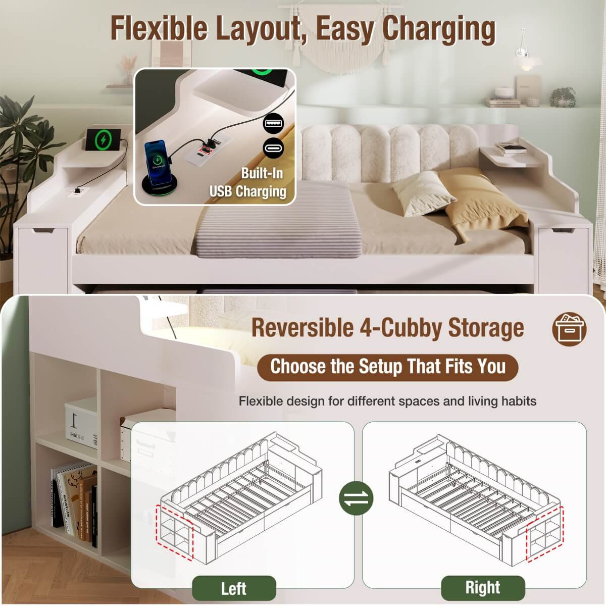 3ft Single Wooden Daybed with Pull-Out Trundle - Sofa Bed with Storage Cabinet and USB and Type-C Charging Station, White