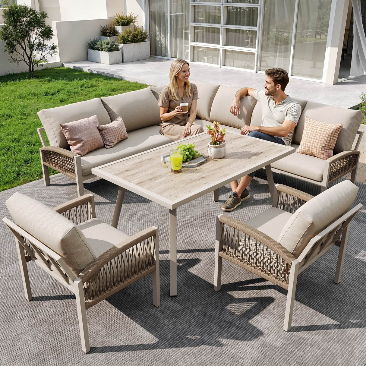 8 Seater Outdoor Garden Lounge Set – Rope Weave Sofa with Large Table and Cushions
