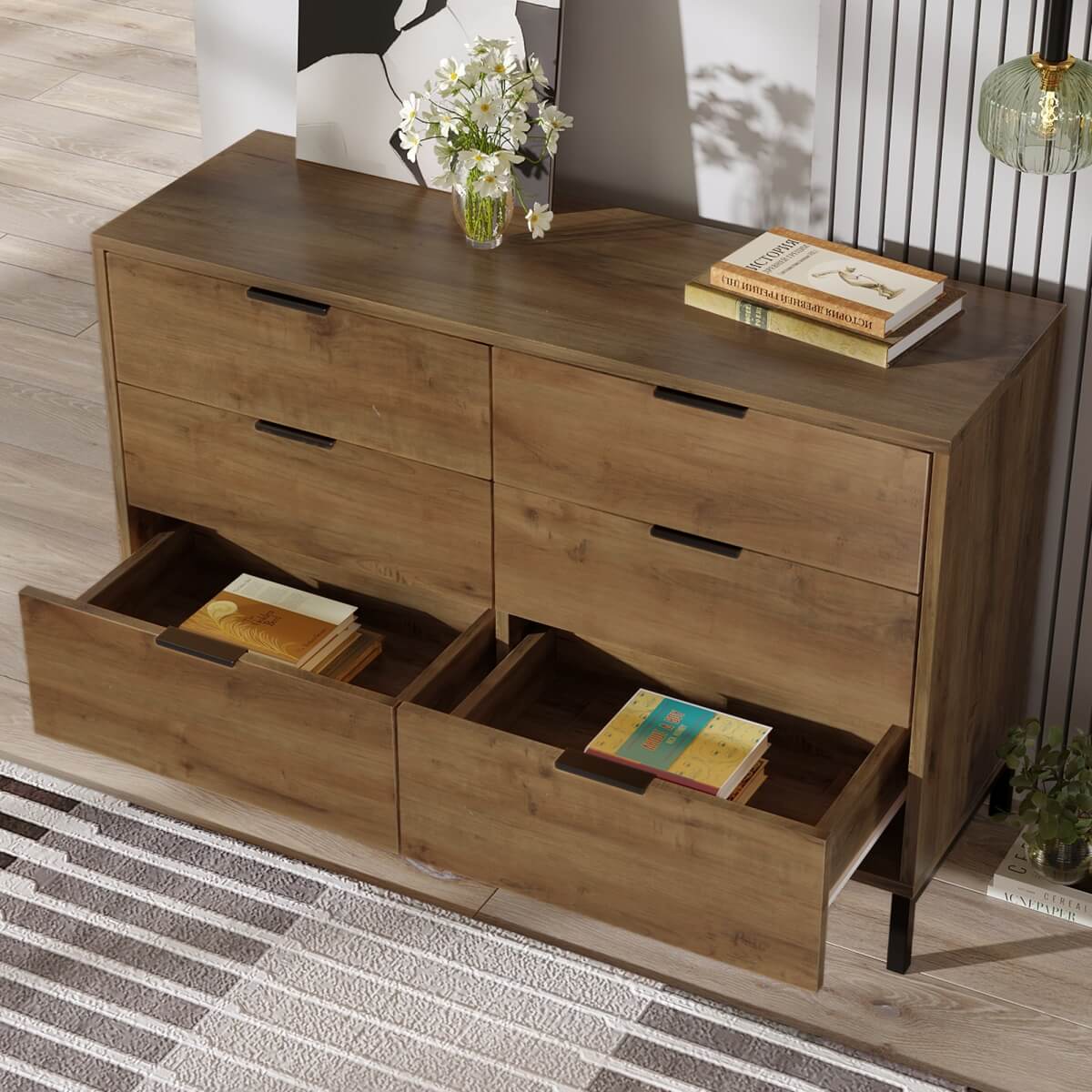 Sideboard Cabinet with 6 Drawers - Dark Oak Storage Unit