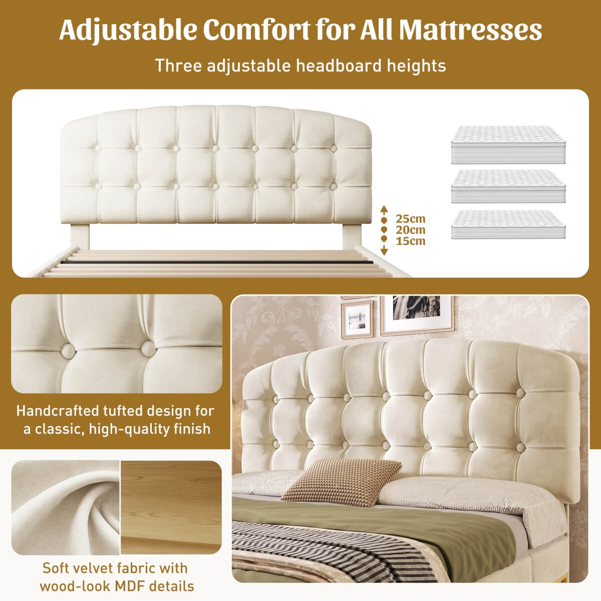4ft6 Double Velvet Storage Bed - Upholstered Bed Frame with Drawers and Adjustable Headboard, Beige