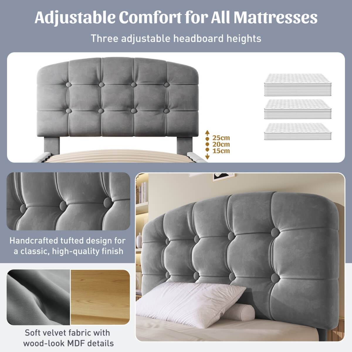 3ft Single Velvet Storage Bed - Upholstered Bed Frame with Drawers and Adjustable Headboard, Grey