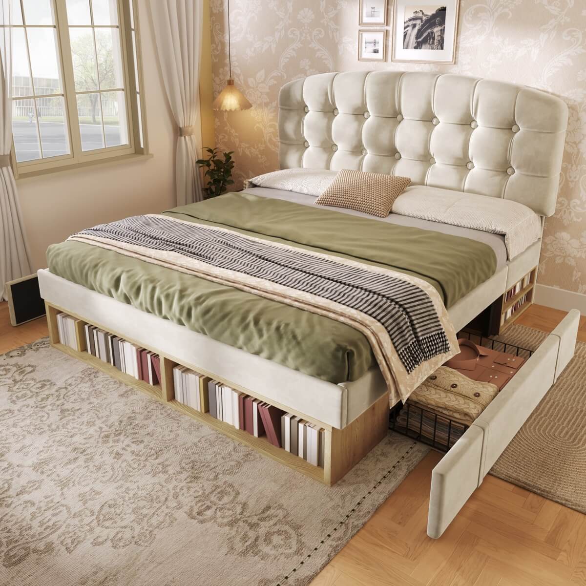 4ft6 Double Velvet Storage Bed - Upholstered Bed Frame with Drawers and Adjustable Headboard, Beige