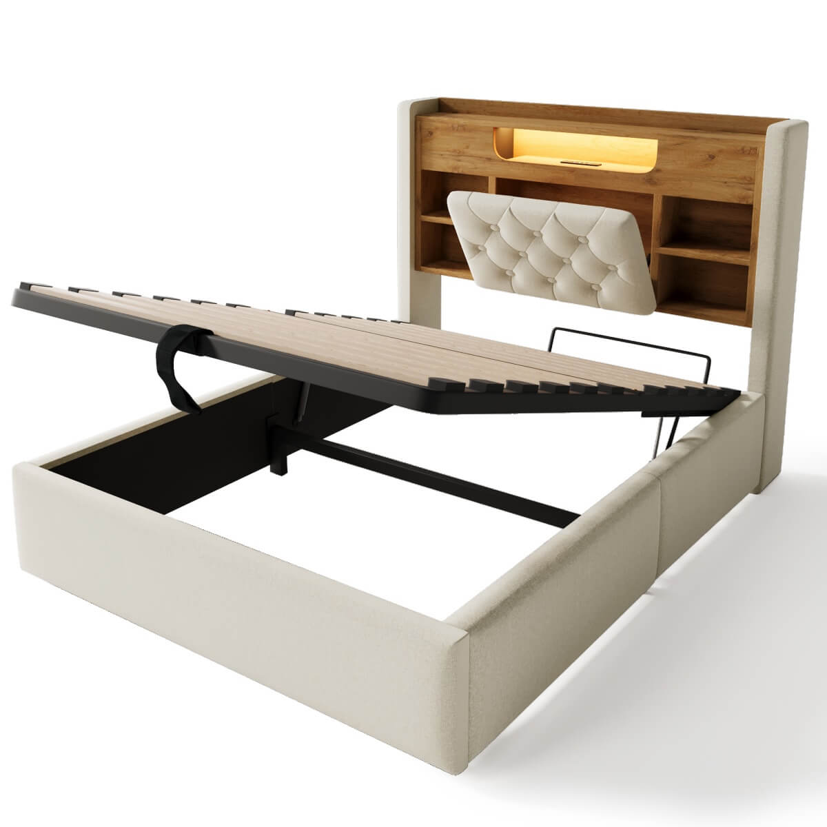 4ft6 Double Upholstered Storage Bed with Hydraulic Lift - LED Lighting & Charging Station, Linen, Beige