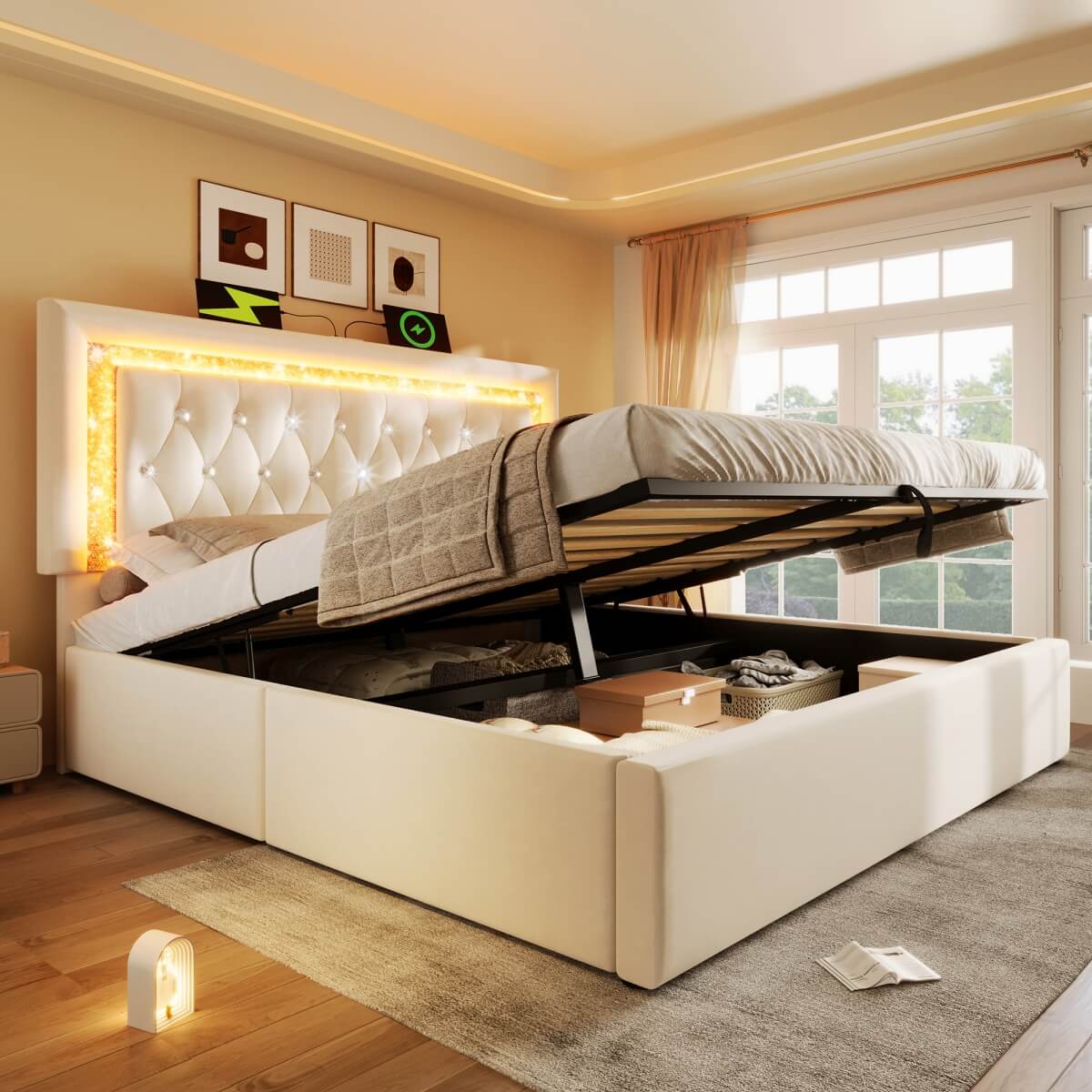 5ft King Size Velvet Storage Bed with LED Lights - Hydraulic Lift Bed Frame with USB Type-C Charging