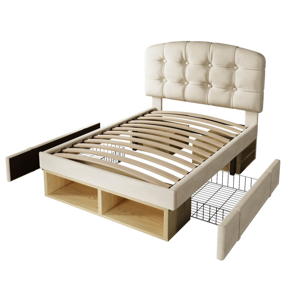 3ft Single Velvet Storage Bed - Upholstered Bed Frame with Drawers and Adjustable Headboard, Beige