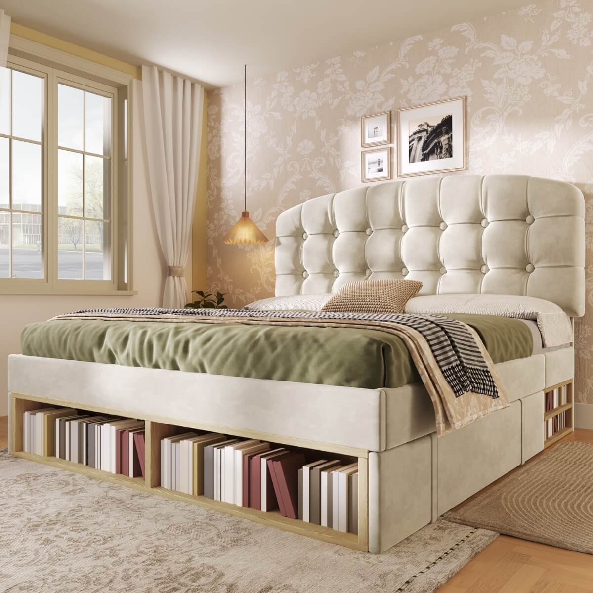 5ft King Velvet Storage Bed - Upholstered Bed Frame with Drawers and Adjustable Headboard, Beige