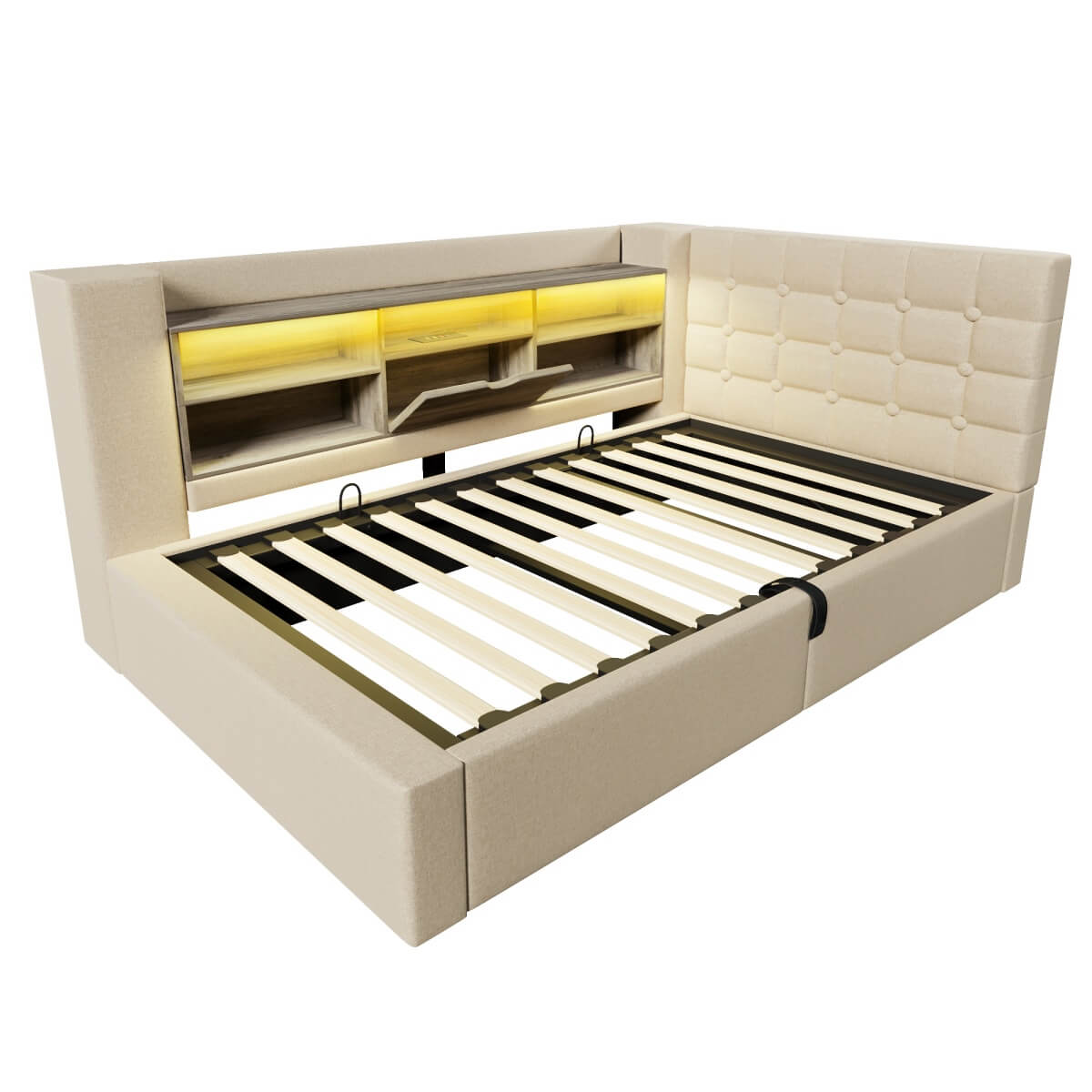 3ft Upholstered Daybed with Hydraulic Storage - Sofa Bed with USB & Type-C Charging, Beige