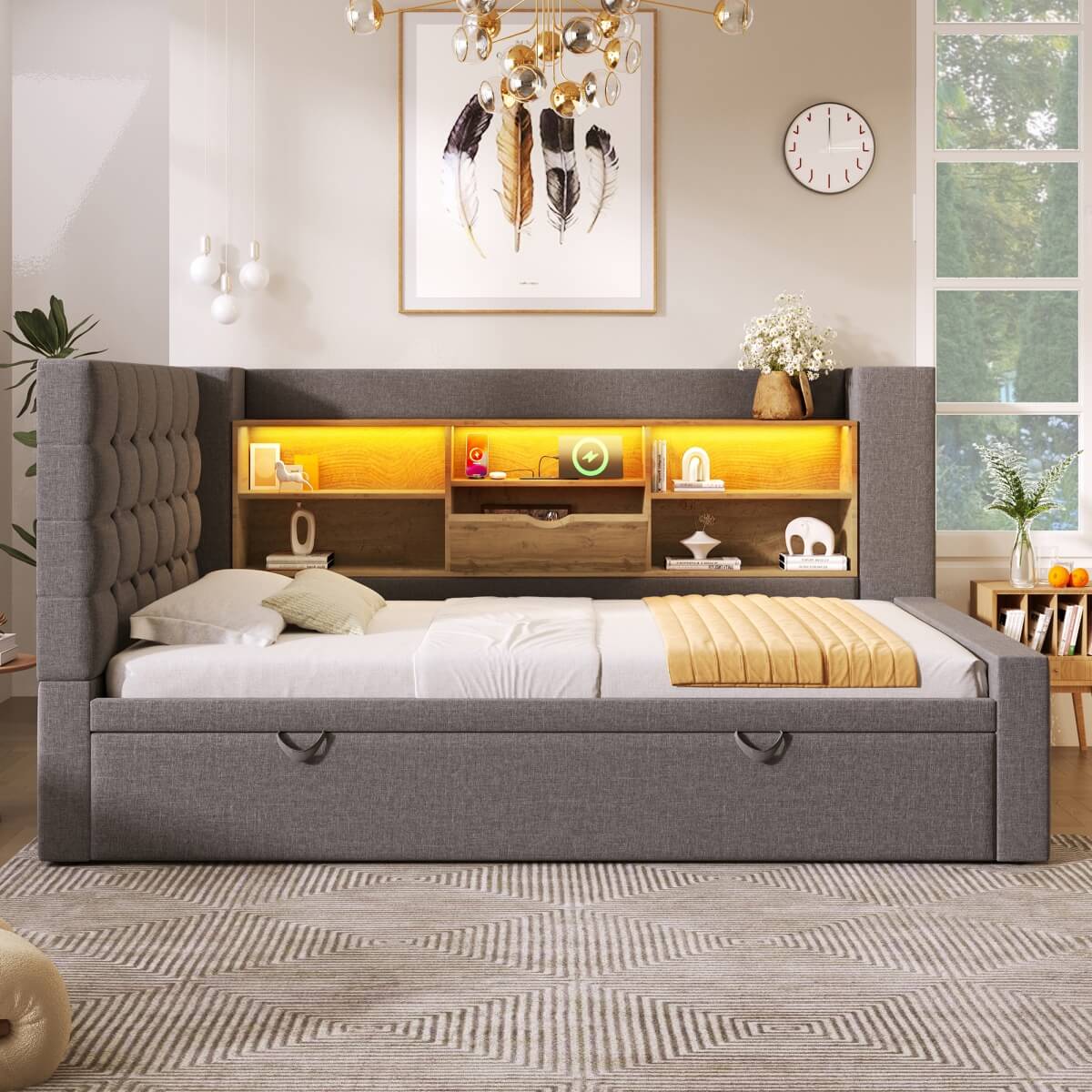 3ft Single Upholstered Sofa Bed with Storage - Linen Daybed with Pull-Out Trundle, USB and Type-C Charging Station, Grey