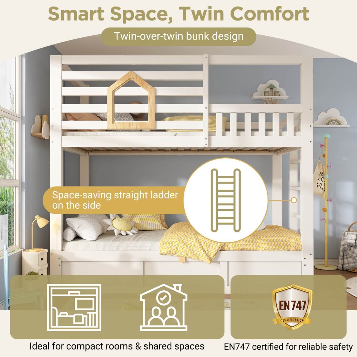 Kids Cabin House Bunk Bed with Storage - Wooden Twin Sleeper Bed with Ladder, White