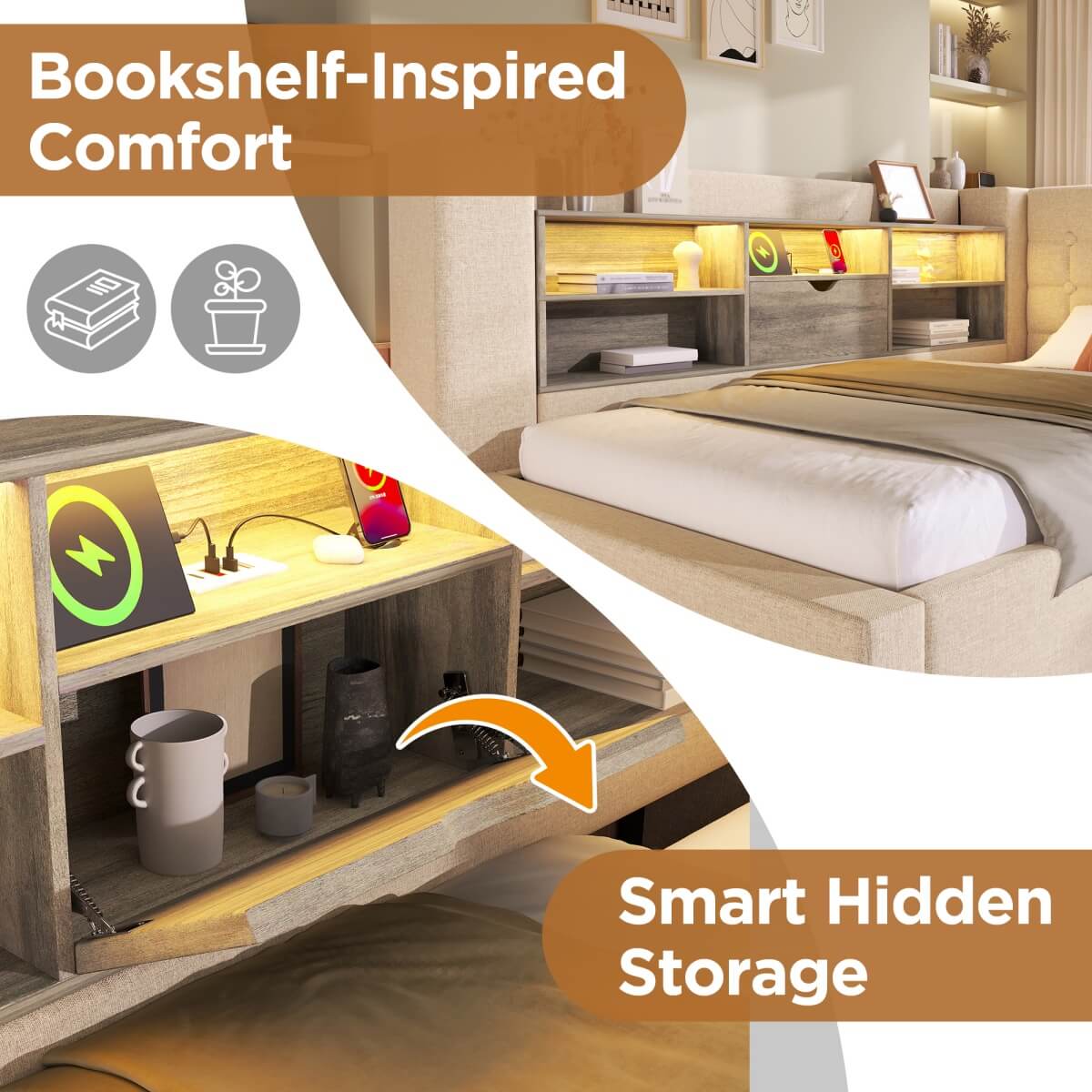 4ft6 Double Upholstered Sofa Bed with Hydraulic Storage - Linen Daybed with USB and Type-C Charging Station, Beige