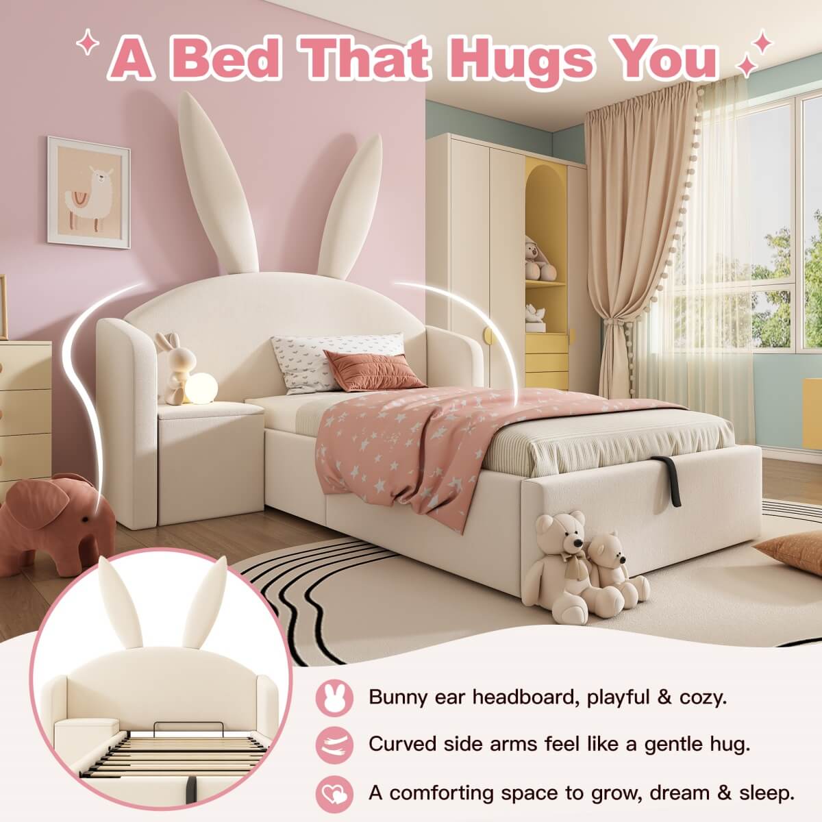 3ft Bunny Ears Kids Storage Bed with Hydraulic Lift & Bedside Shelf - Upholstered Single Bed, Beige