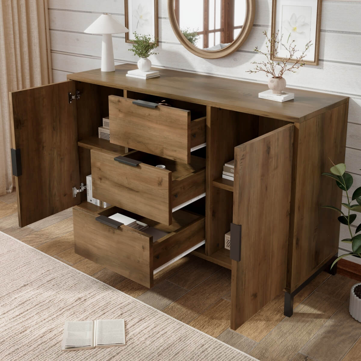 Sideboard Cabinet with 2 Doors and 3 Drawers - Storage Unit with Adjustable Shelf