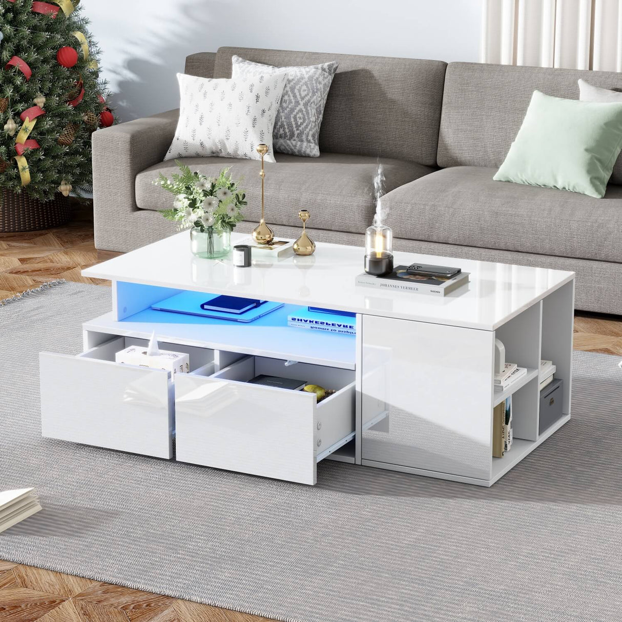 High Gloss Coffee Table with LED Lights - White Centre Table with 2 Drawers & Open Storage