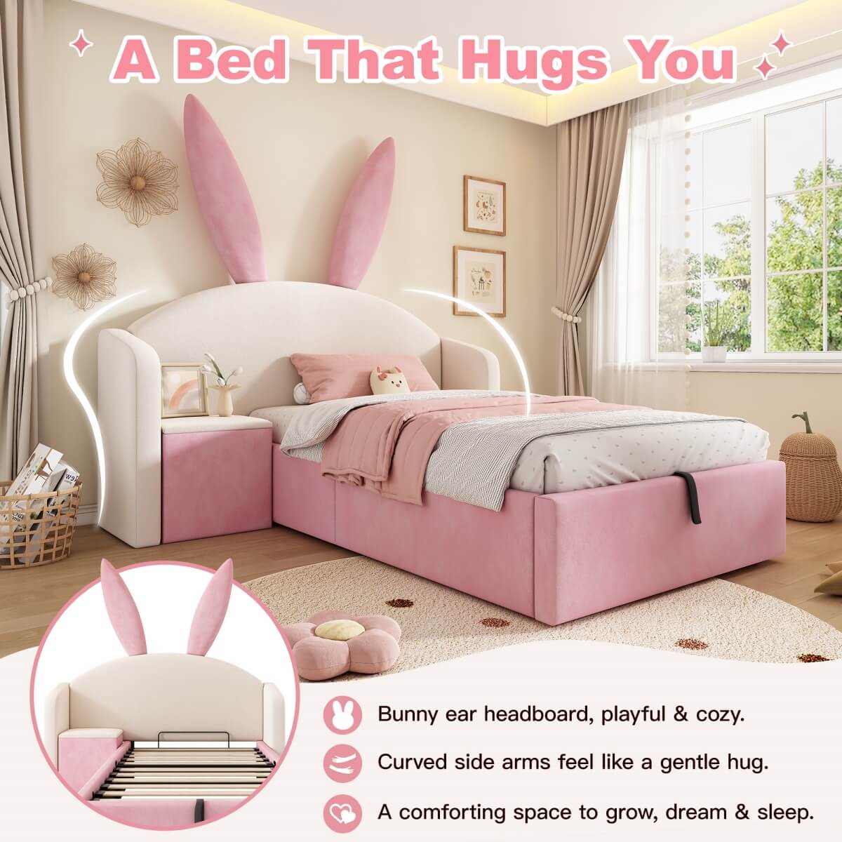 3ft Bunny Ears Kids Storage Bed with Hydraulic Lift & Bedside Shelf - Upholstered Single Bed, Beige & Pink
