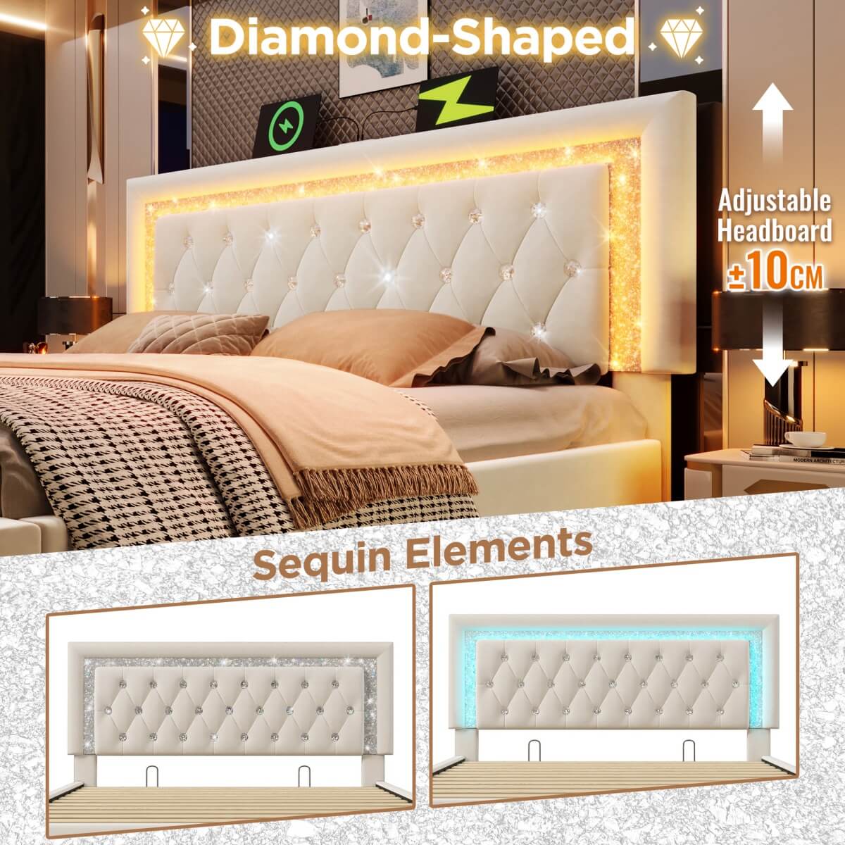 5ft King Size Velvet Storage Bed with LED Lights - Hydraulic Lift Bed Frame with USB Type-C Charging