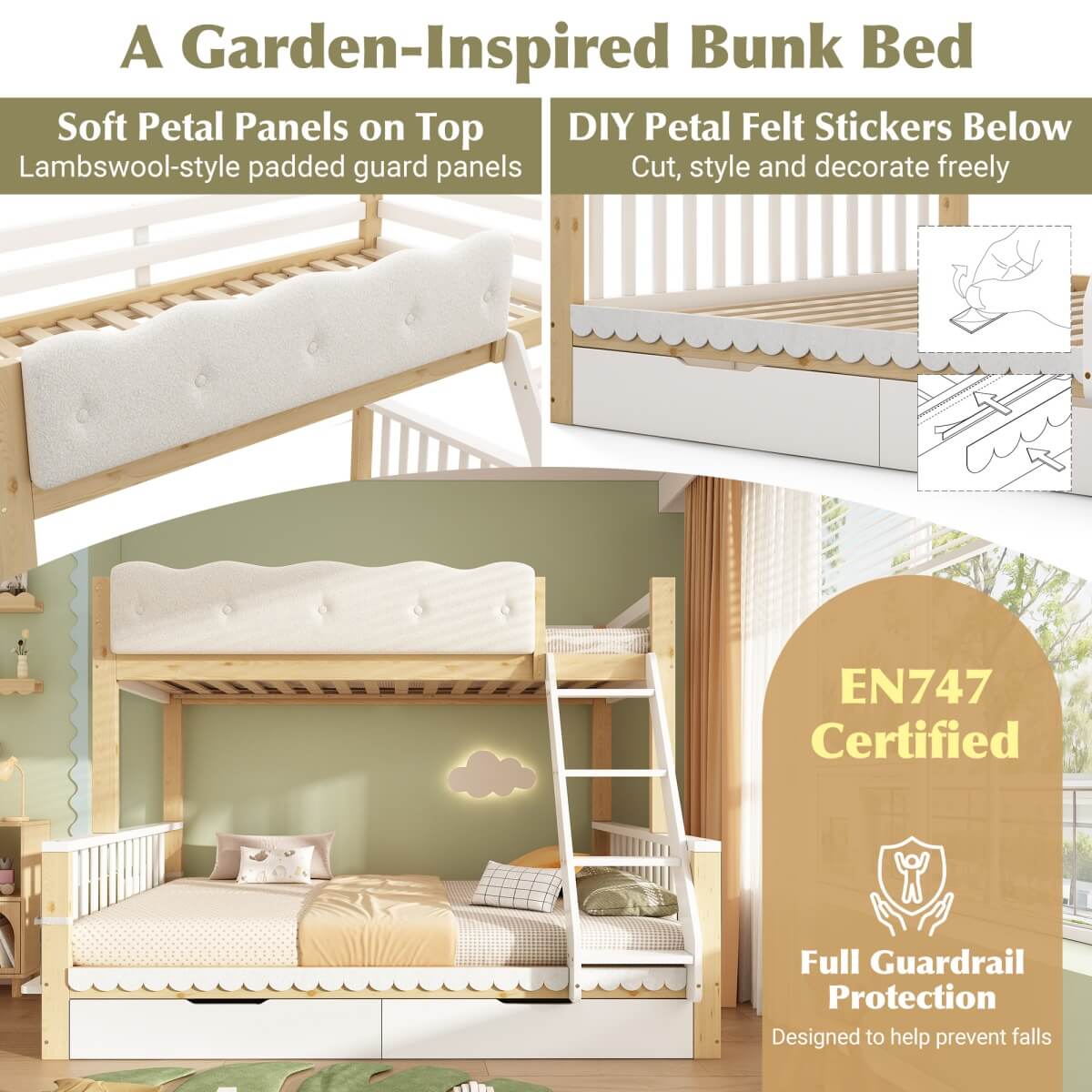 Wooden Bunk Bed for Kids - Single Over Double Bunk Bed with Drawers & Side Bookcase, White & Natural