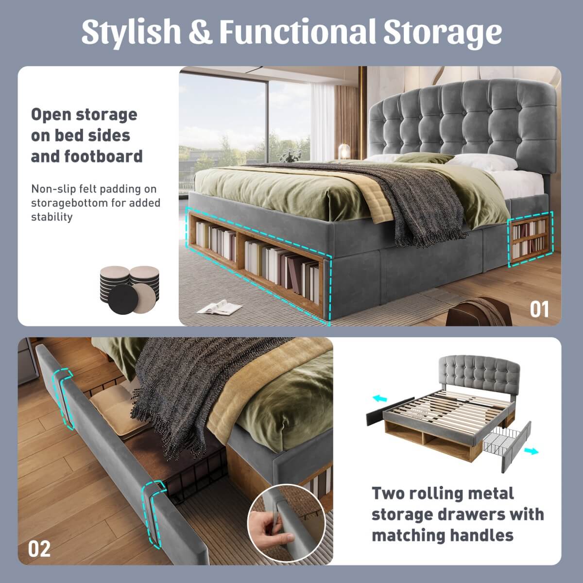 5ft King Velvet Storage Bed - Upholstered Bed Frame with Drawers and Adjustable Headboard, Grey