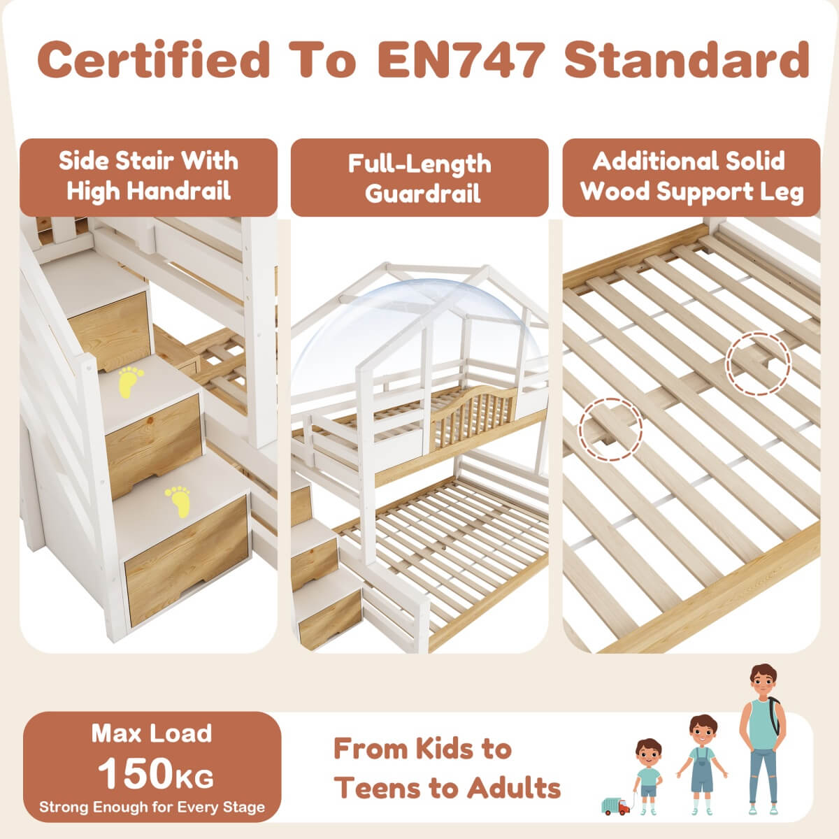 Kids Bunk Bed with Stairs - Storage Drawers, House Design, Solid Wood, White and Natural