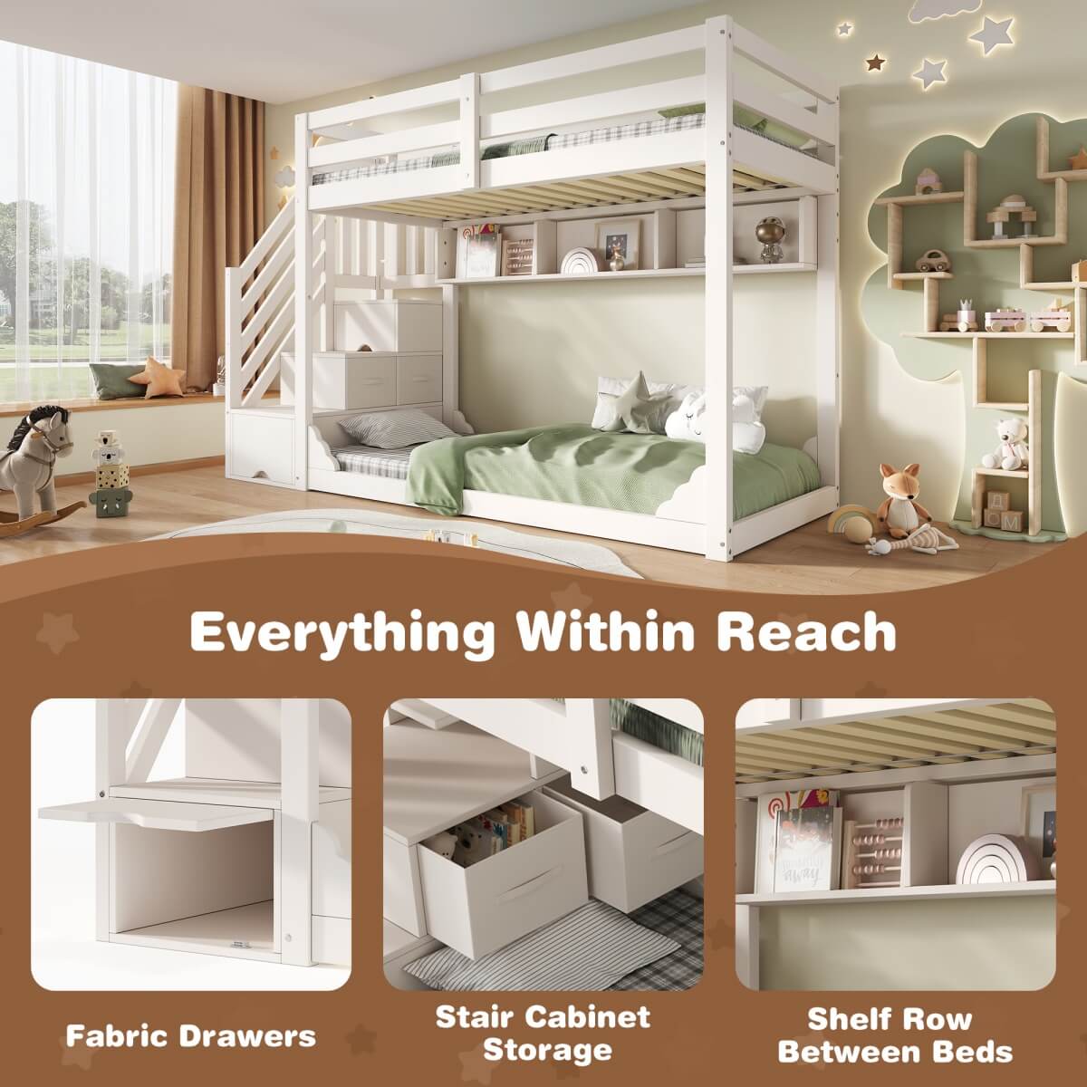 Kids Bunk Bed with Storage Stairs - Solid Wood Bunk Beds with 3 Open Shelves and Wraparound Safety Rails, White