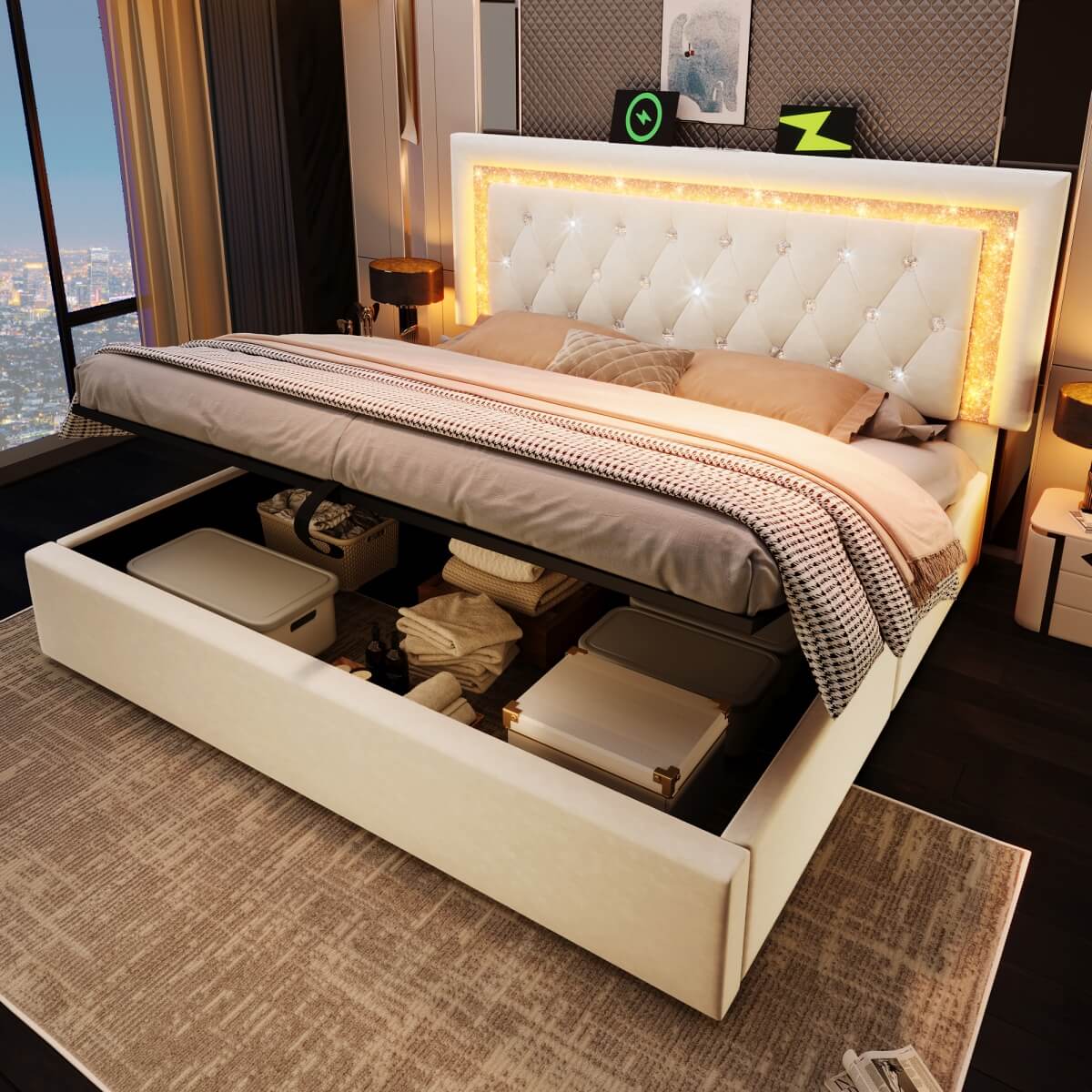 5ft King Size Velvet Storage Bed with LED Lights - Hydraulic Lift Bed Frame with USB Type-C Charging