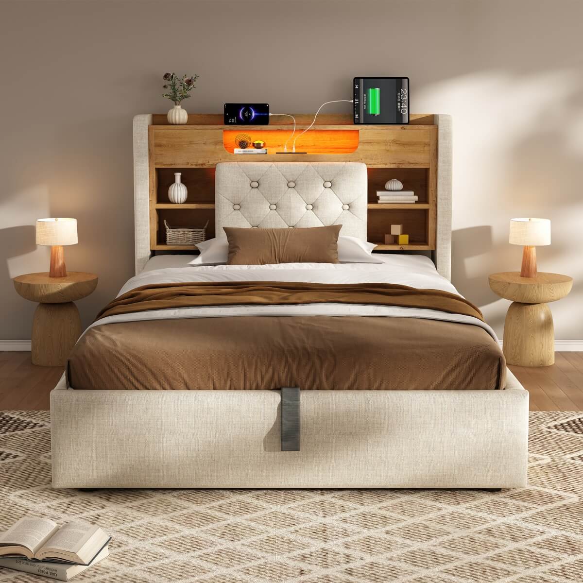 4ft6 Double Upholstered Storage Bed with Hydraulic Lift - LED Lighting & Charging Station, Linen, Beige