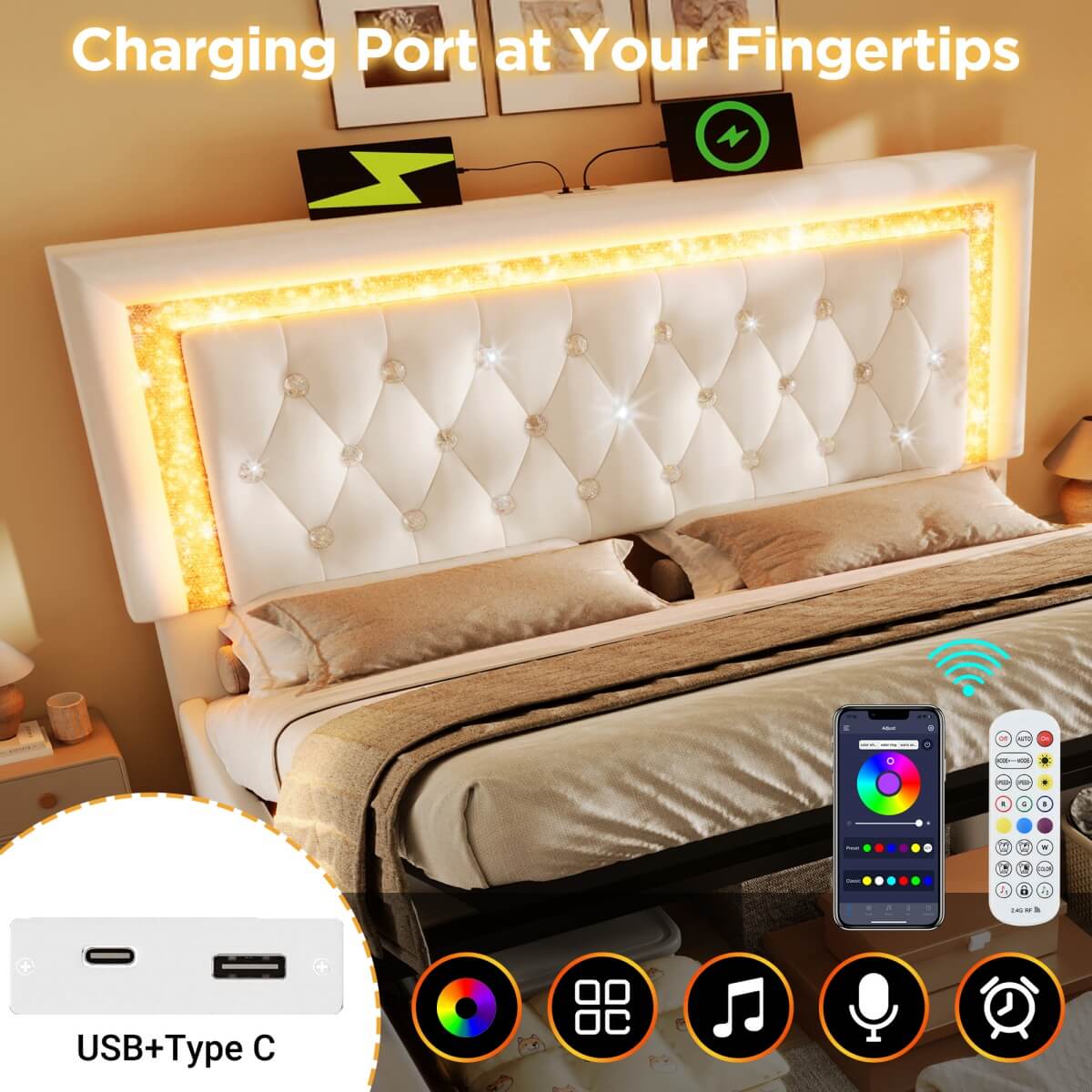 5ft King Size Velvet Storage Bed with LED Lights - Hydraulic Lift Bed Frame with USB Type-C Charging