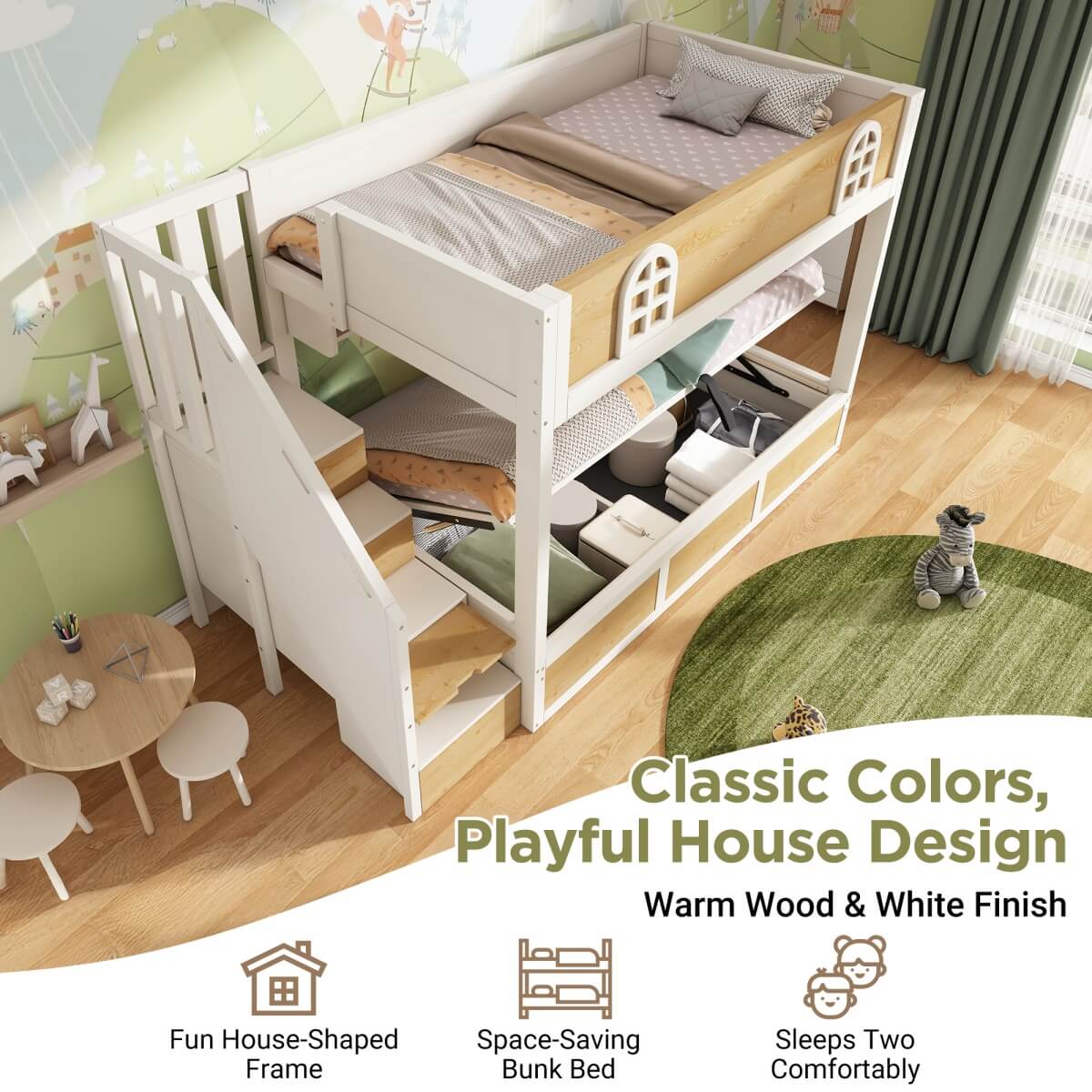 Kids Bunk Bed with Stairs and Storage – Solid Wood High Sleeper with Storage Cubes and Hydraulic Storage