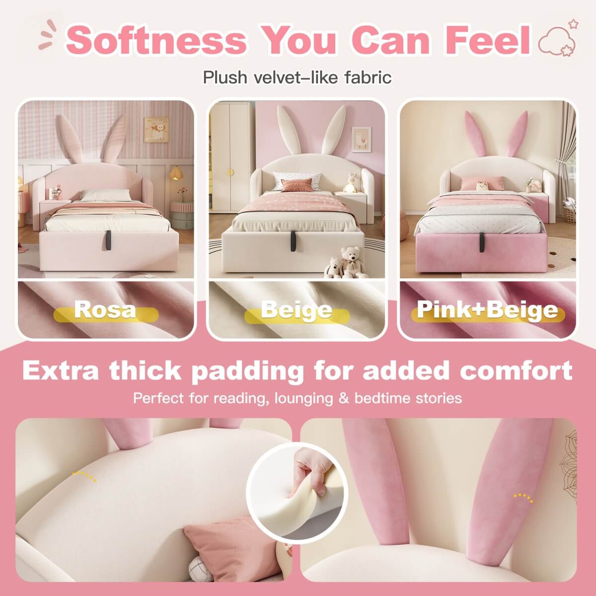 3ft Bunny Ears Kids Storage Bed with Hydraulic Lift & Bedside Shelf - Upholstered Single Bed, Beige & Pink