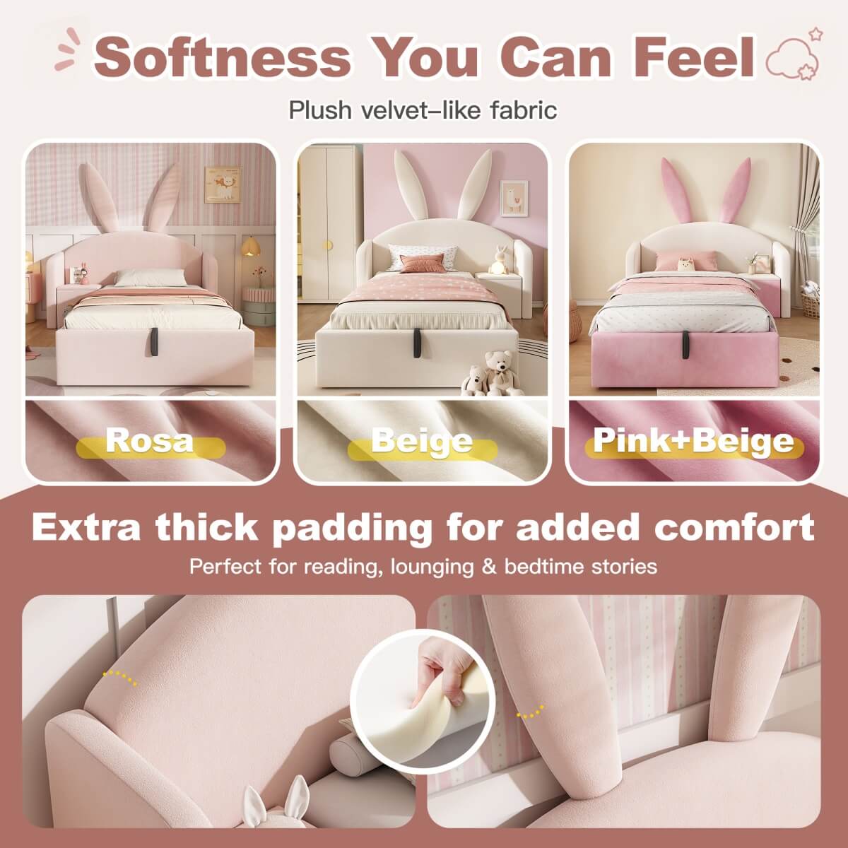3ft Bunny Ears Kids Storage Bed with Hydraulic Lift & Bedside Shelf - Upholstered Single Bed, Rose