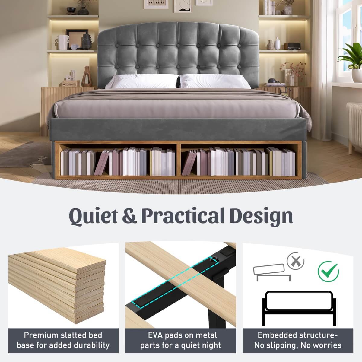 5ft King Velvet Storage Bed - Upholstered Bed Frame with Drawers and Adjustable Headboard, Grey