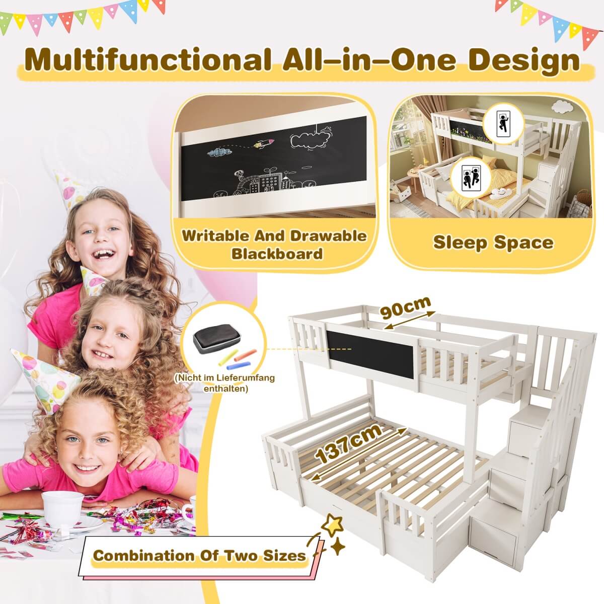 Solid Wood Kids Bunk Bed with Staircase – 90×190cm Top & 135×190cm Bottom, Storage Drawers and Chalkboard