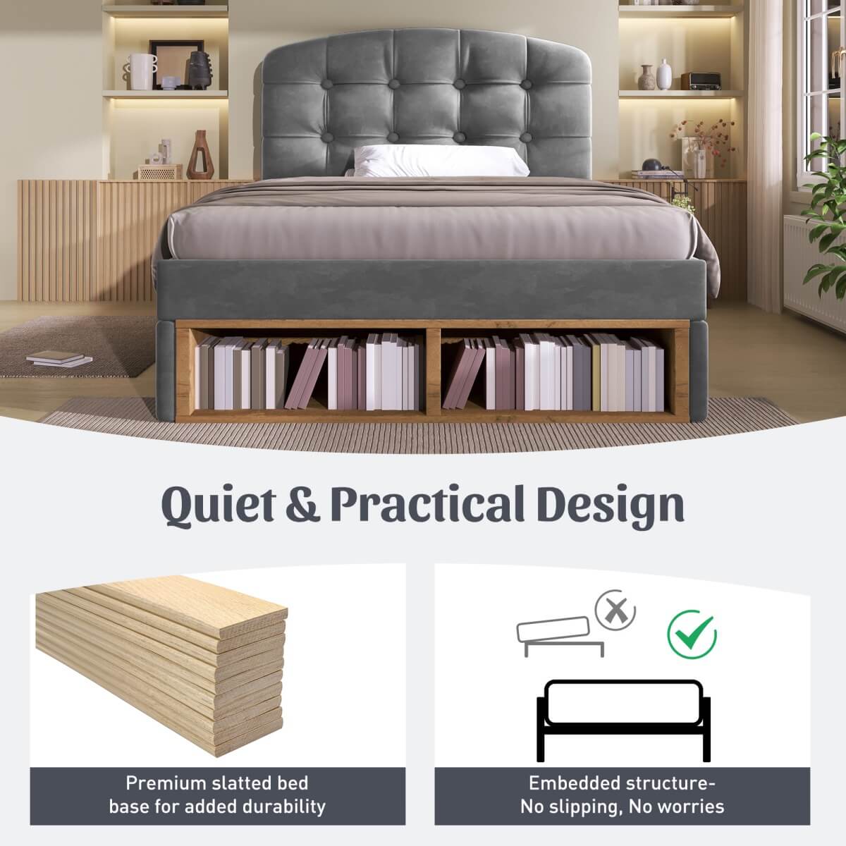 3ft Single Velvet Storage Bed - Upholstered Bed Frame with Drawers and Adjustable Headboard, Grey