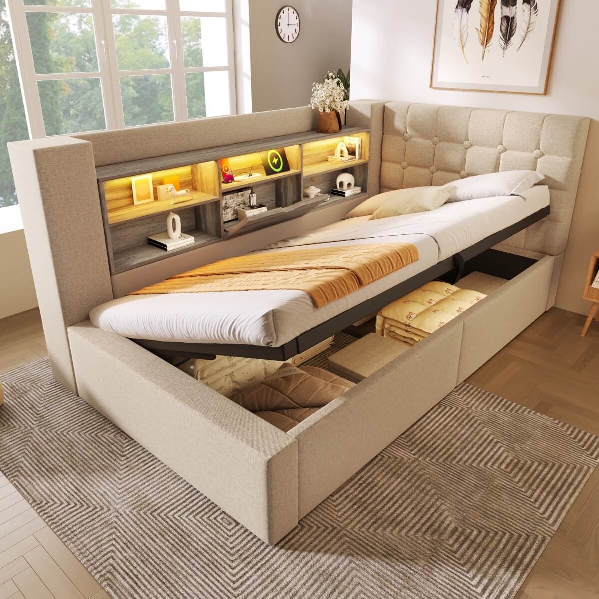 3ft Upholstered Daybed with Hydraulic Storage - Sofa Bed with USB & Type-C Charging, Beige