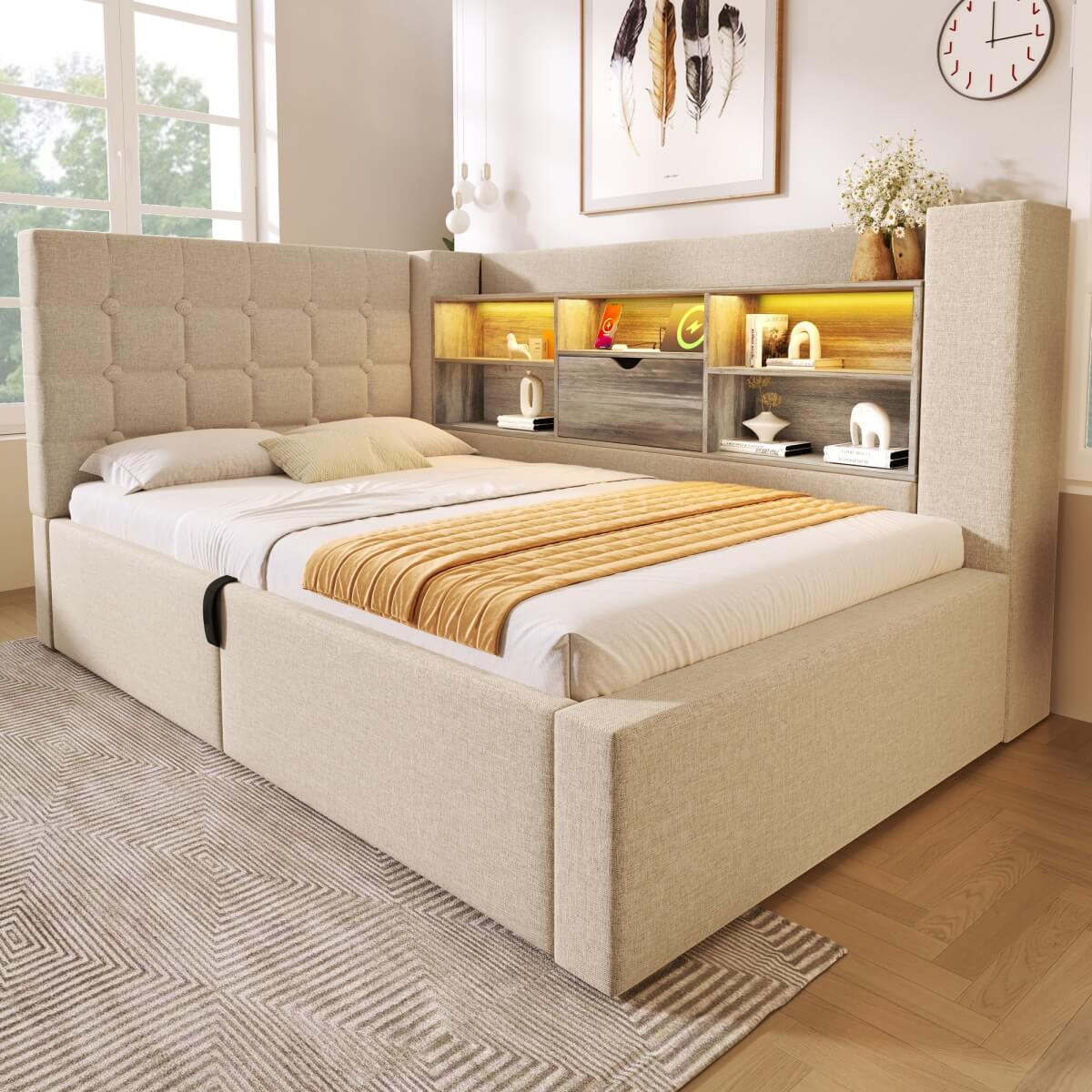 3ft Upholstered Daybed with Hydraulic Storage - Sofa Bed with USB & Type-C Charging, Beige