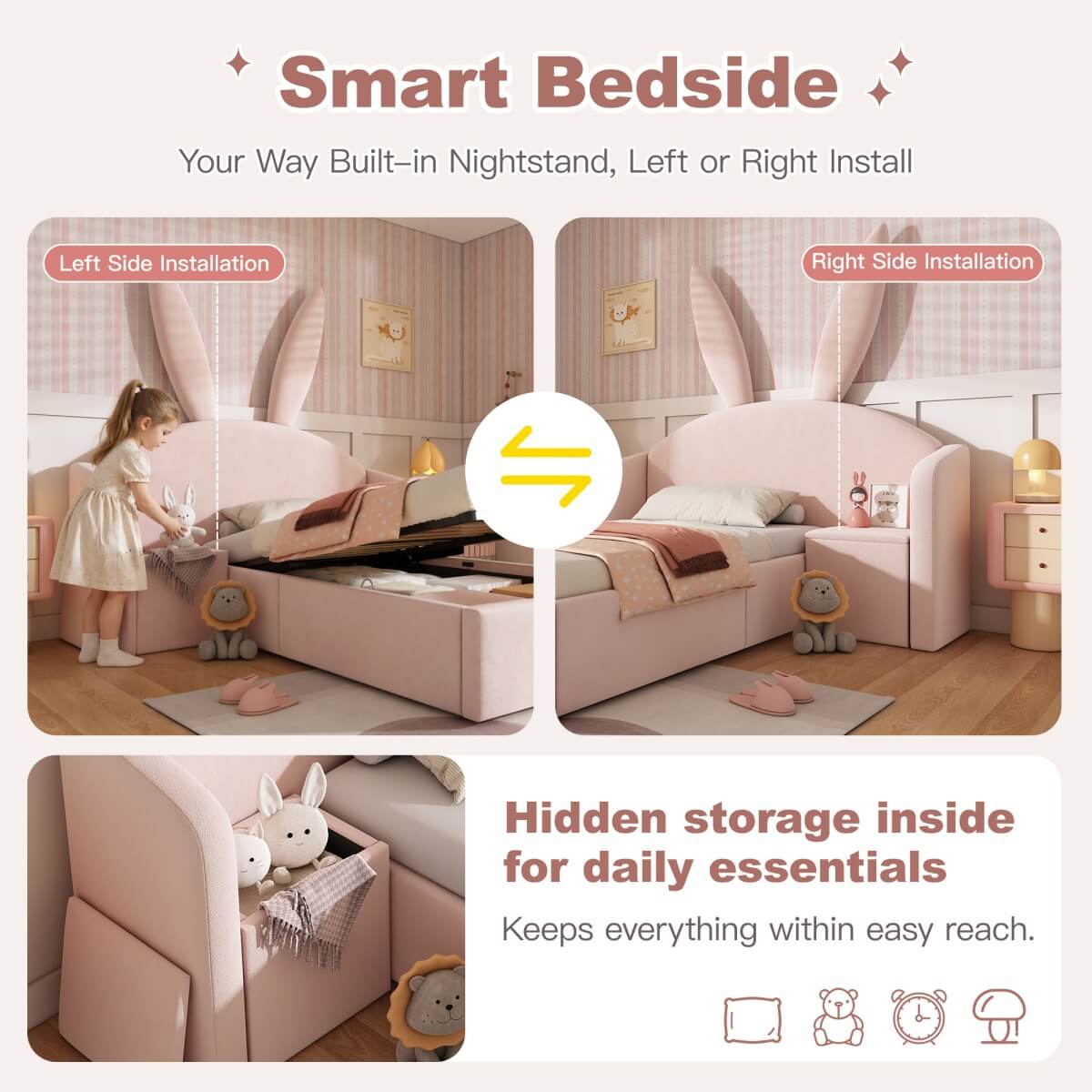 3ft Bunny Ears Kids Storage Bed with Hydraulic Lift & Bedside Shelf - Upholstered Single Bed, Rose