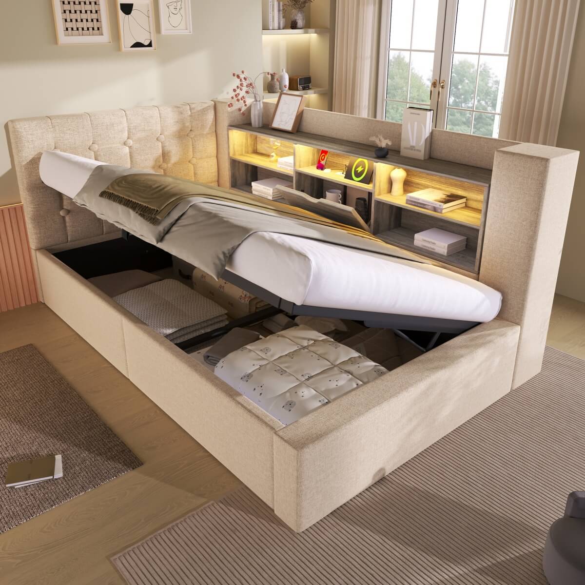 3ft Upholstered Daybed with Hydraulic Storage - Sofa Bed with USB & Type-C Charging, Beige