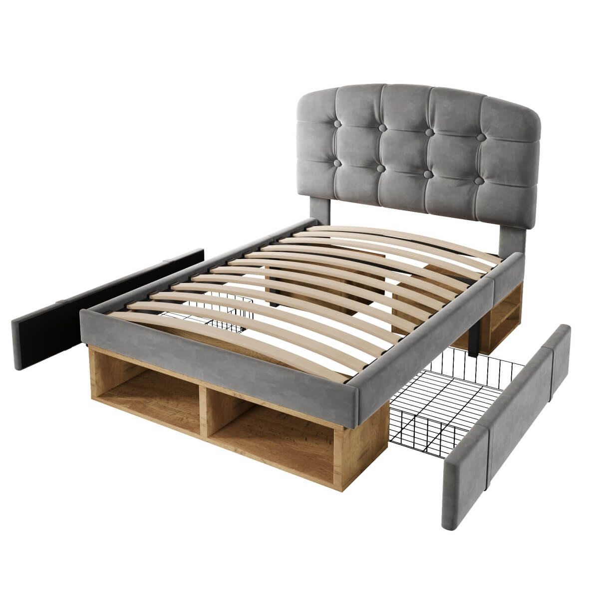 3ft Single Velvet Storage Bed - Upholstered Bed Frame with Drawers and Adjustable Headboard, Grey
