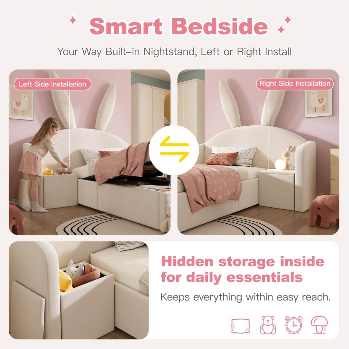 3ft Bunny Ears Kids Storage Bed with Hydraulic Lift & Bedside Shelf - Upholstered Single Bed, Beige
