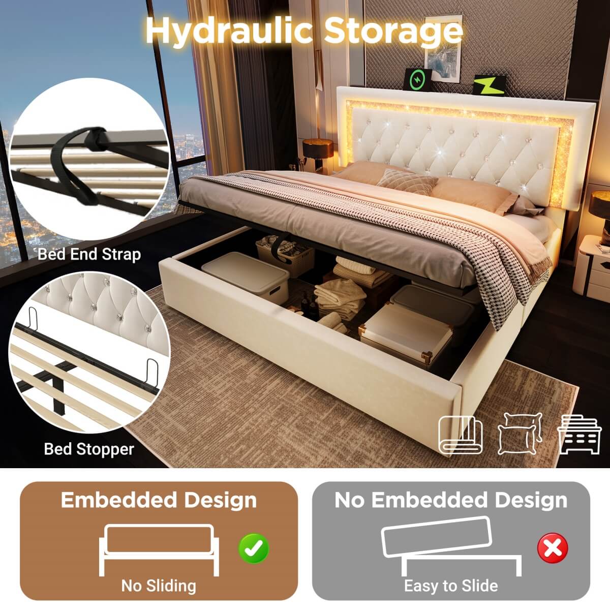 5ft King Size Velvet Storage Bed with LED Lights - Hydraulic Lift Bed Frame with USB Type-C Charging