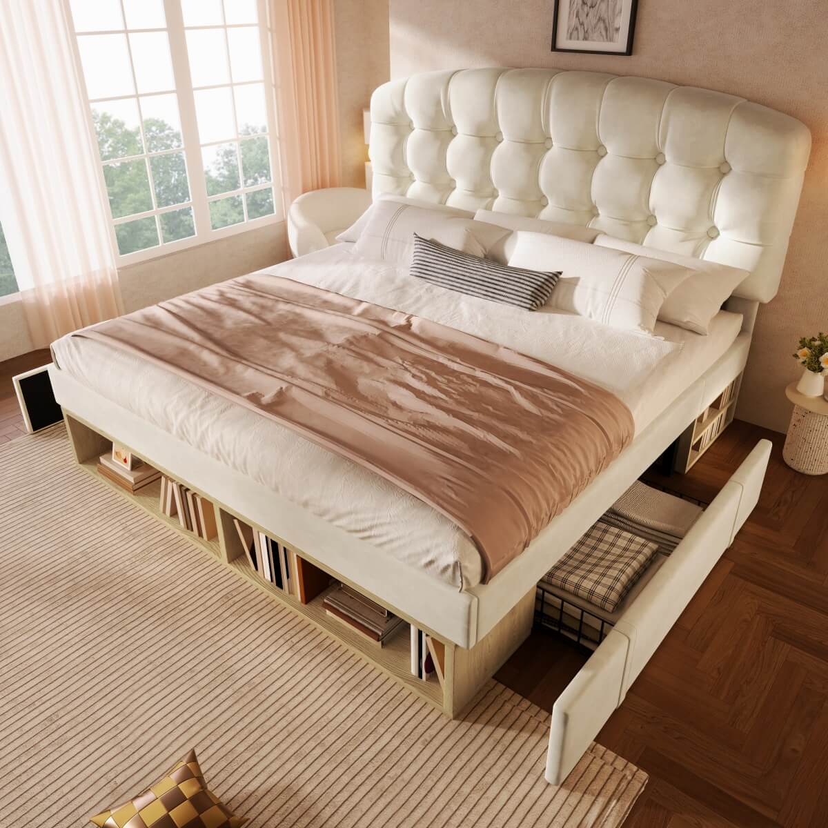 5ft King Velvet Storage Bed - Upholstered Bed Frame with Drawers and Adjustable Headboard, Beige