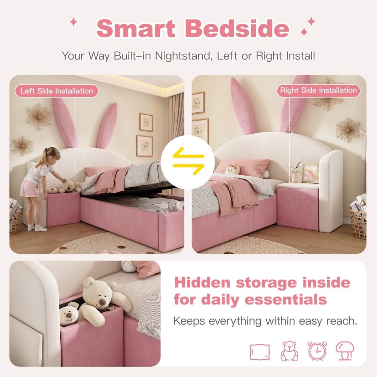 3ft Bunny Ears Kids Storage Bed with Hydraulic Lift & Bedside Shelf - Upholstered Single Bed, Beige & Pink