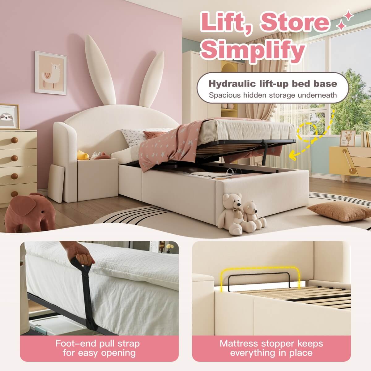 3ft Bunny Ears Kids Storage Bed with Hydraulic Lift & Bedside Shelf - Upholstered Single Bed, Beige