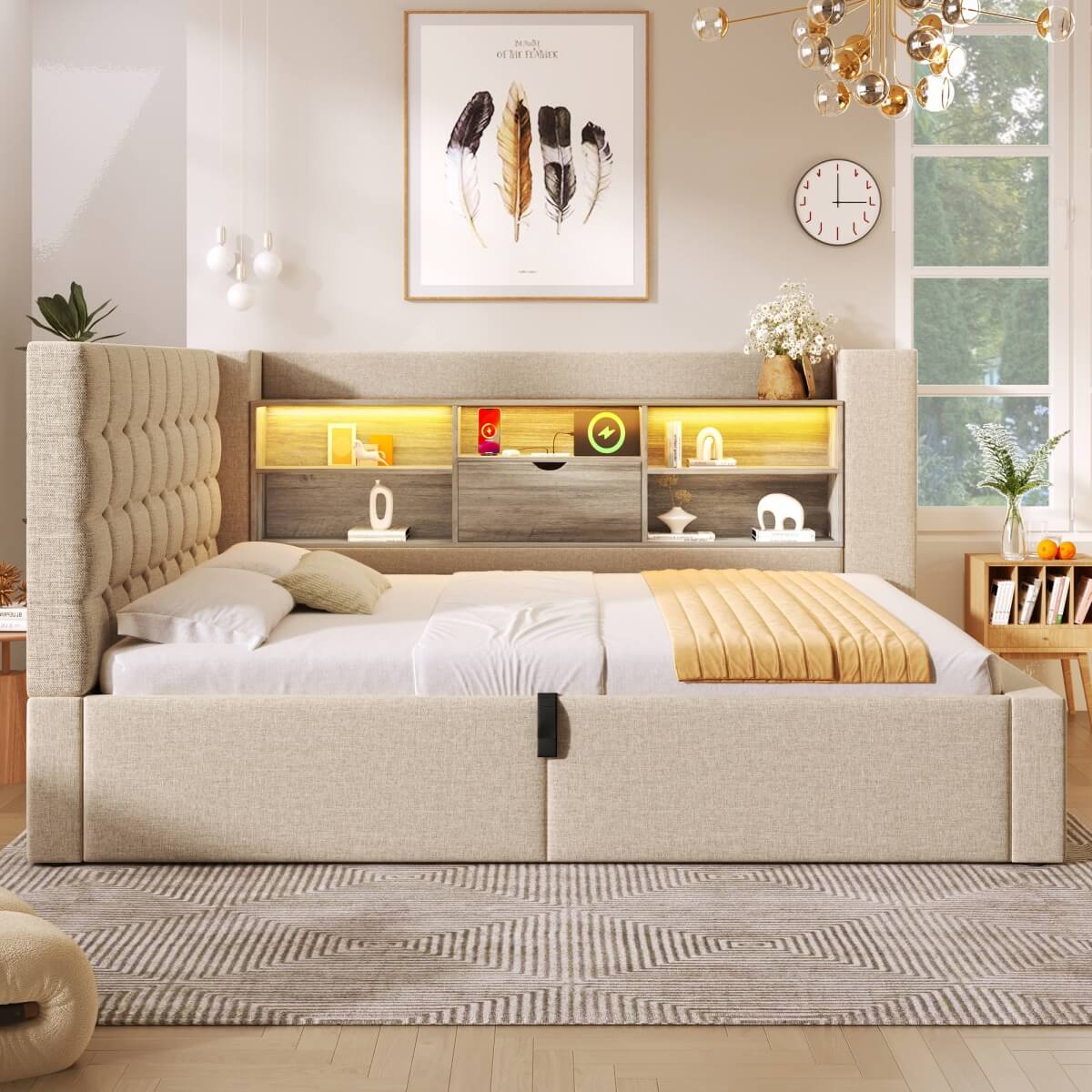 4ft6 Double Upholstered Sofa Bed with Hydraulic Storage - Linen Daybed with USB and Type-C Charging Station, Beige
