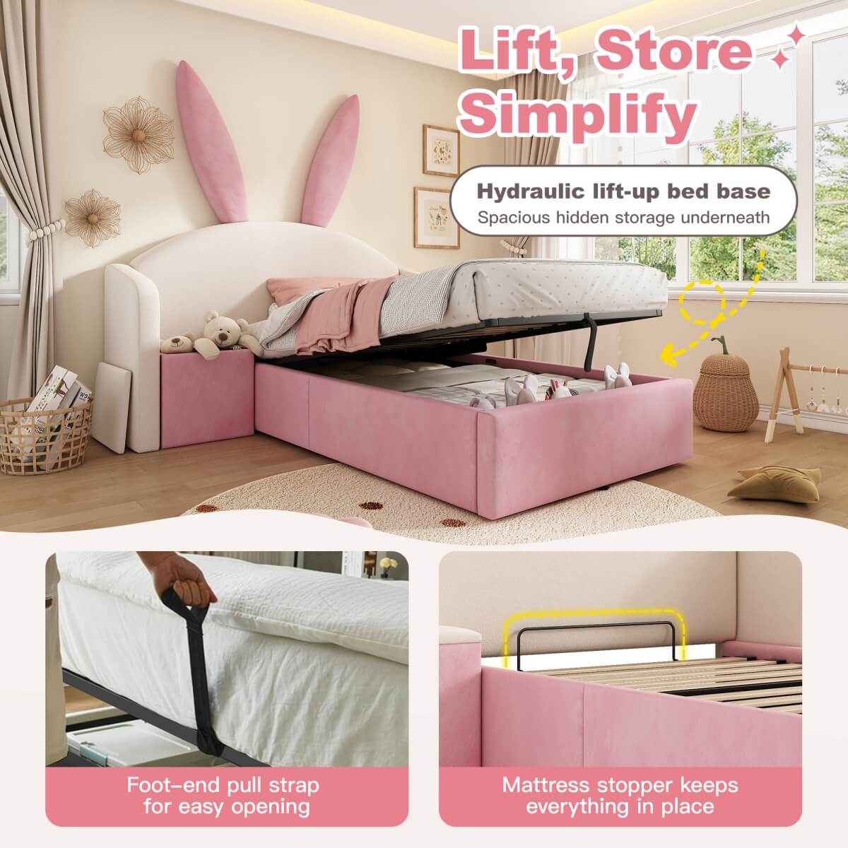 3ft Bunny Ears Kids Storage Bed with Hydraulic Lift & Bedside Shelf - Upholstered Single Bed, Beige & Pink