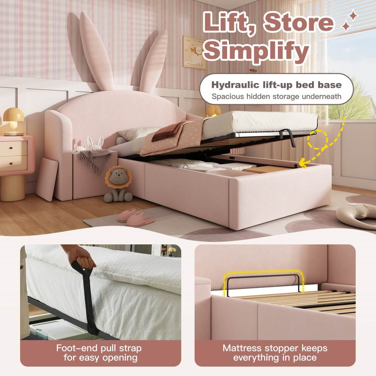 3ft Bunny Ears Kids Storage Bed with Hydraulic Lift & Bedside Shelf - Upholstered Single Bed, Rose