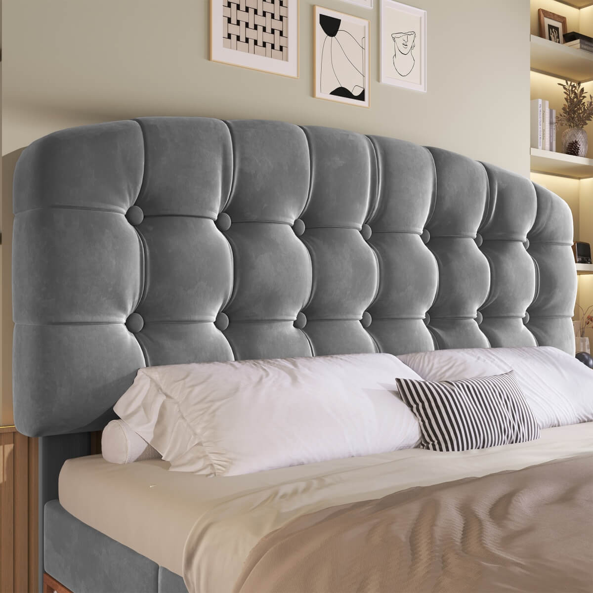 4ft6 Double Velvet Storage Bed - Upholstered Bed Frame with Drawers and Adjustable Headboard, Grey